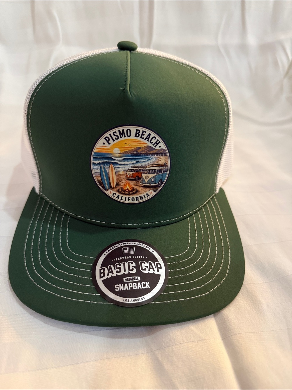 Pismo Beach Snapback Trucker Adult Unisex Hat - Green & White. DTF logo.